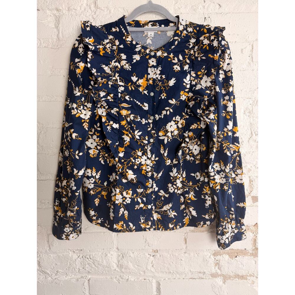 J Crew Floral Ruffle Blouse Medium Navy Blue Cotton Button Front Classic Top